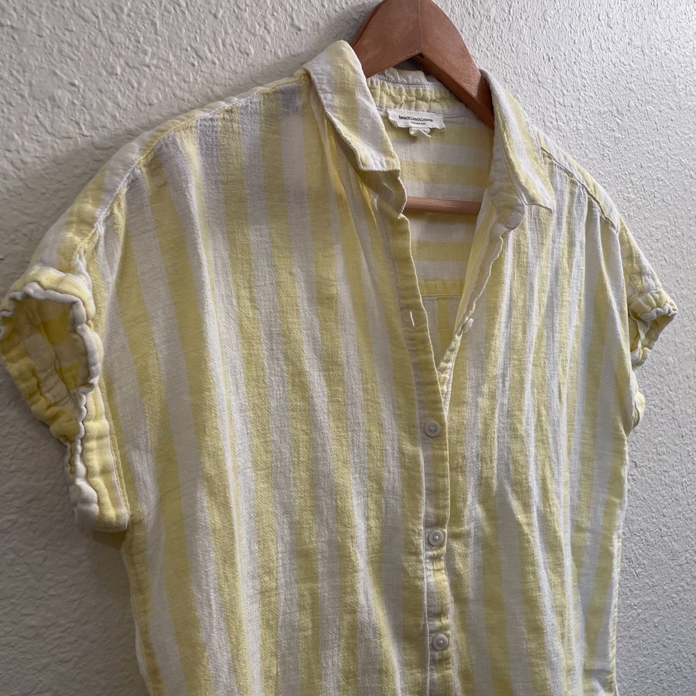 Yellow Stripe Button Front Linen Blend Top Rolled Sleeve Coastal Casual Resort M - Picture 7 of 11
